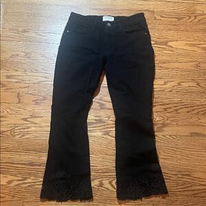 Frame Denim Black Flare Jeans with Floral Embroidery